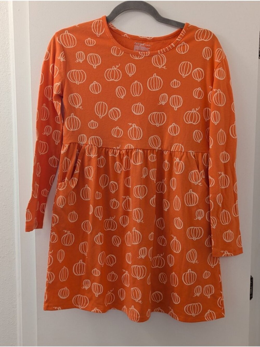 Girls Pumpkin Print Long-Sleeve Orange Dress By Cat & Jack Size L (10/12) Cotton